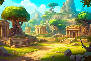 Illustration of ancient Greek temple, with empty space at center. Battle field. Background for mobile game in casual style, cartoon colorful AI art. Made with Generative AI