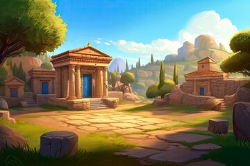 Illustration of ancient Greek temple, with empty space at center. Battle field. Background for mobile game in casual style, cartoon colorful AI art. Made with Generative AI