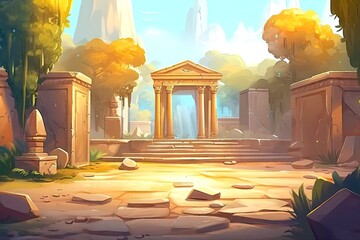 Illustration of ancient Greek temple, with empty space at center. Battle field. Background for mobile game in casual style, cartoon colorful AI art. Made with Generative AI - obrazy, fototapety, plakaty