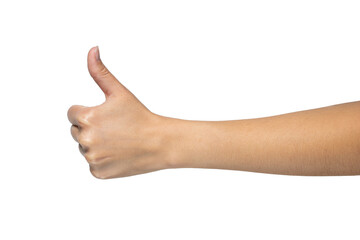 Woman hand shows thumbs up sign isolated on white background, with clipping path. Full Depth of field. Focus stacking. PNG