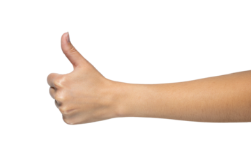 Woman hand shows thumbs up sign isolated on white background, with clipping path. Full Depth of field. Focus stacking. PNG