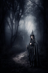 Fototapeta na wymiar Halloween witch standing on dark foggy forest path way, Halloween mystery concept, Generative AI