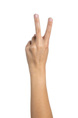 Woman hand counting isolated on white background, with clipping path.  Two fingers. Full Depth of field. Focus stacking. PNG