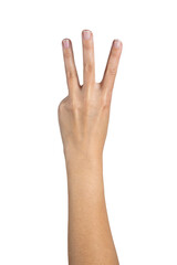 Woman hand counting isolated on white background, with clipping path.  Three fingers. Full Depth of field. Focus stacking. PNG