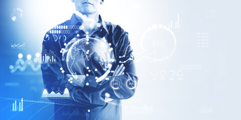 Businessman with digital business data chart with infographics and icons