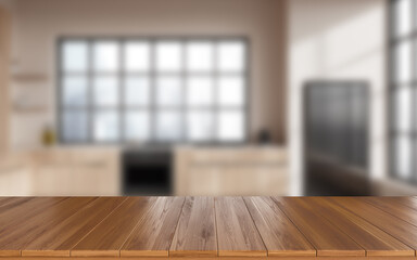 Mockup empty wooden table on blurred background of home kitchen interior