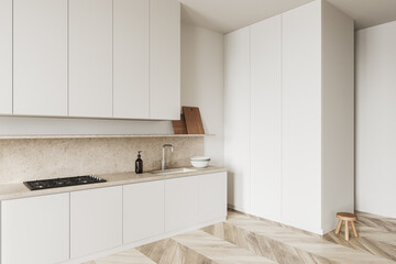 Stylish kitchen interior with shelves and kitchenware, cooking corner