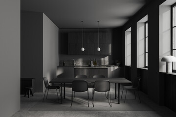 Gray and wooden kitchen interior with island and dining table