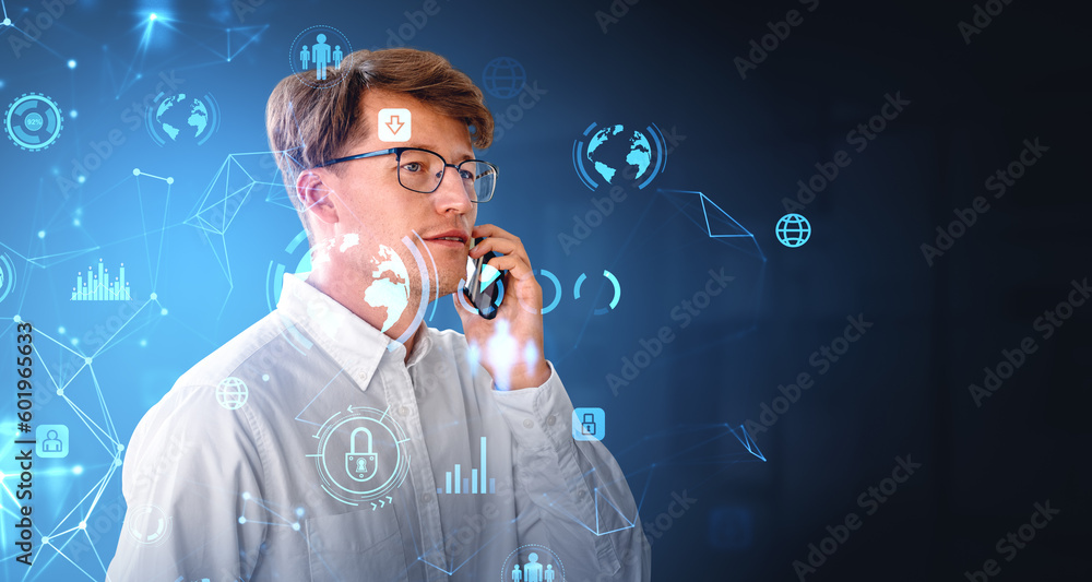 Poster man on smartphone, blockchain interface