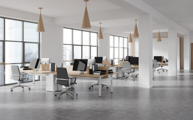 White business room interior with table in row, pc computer and panoramic window