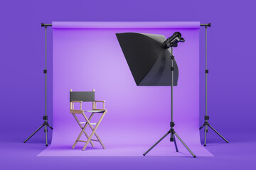 Film director chair and photo studio equipment with purple cyclorama