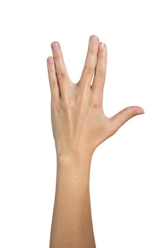 Woman hand shows Spock sign isolated on white background, with clipping path.  Five fingers. Full Depth of field. Focus stacking. PNG