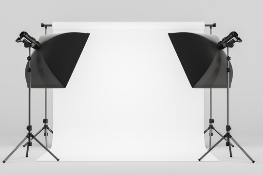 Photo studio with mock up blank cyclorama and soft box on tripod