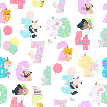 Vector Seamless Pattern with Birthday Numbers Animals and Kids