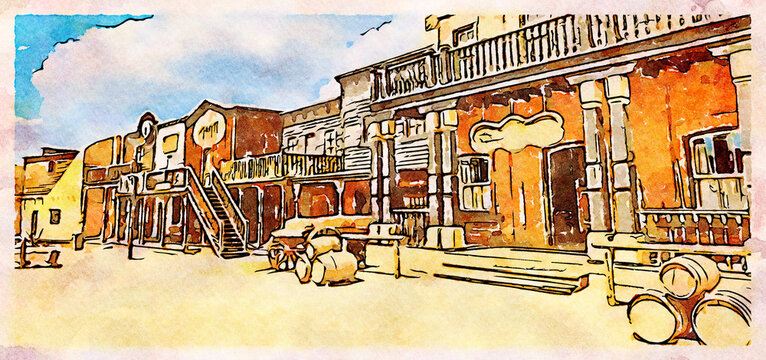 Creative illustration in vintage watercolor design - Wild West old village, rural buildings with blue sky.