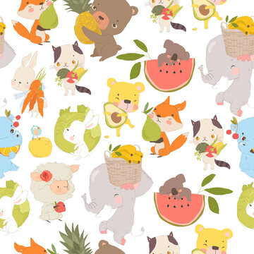 Vector Seamless Pattern with Cute Cartoon Animals with Fruits and Vegetables
