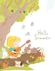 Cartoon Little Girl playing Guitar with Animals in the Forest. Vector Illustration