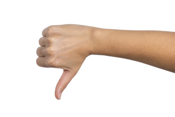 Woman hand shows thumbs down isolated on white background, with clipping path.  Five fingers. Full Depth of field. Focus stacking. PNG