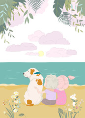 Cartoon Happy Couple with Dog sitting on the Beach Shore of the Ocean. Vector Illustration