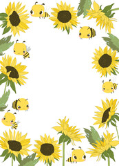 Cute Cartoon Frame with Sunflowers and Bees. Vector Illustration