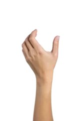 Fotobehang Woman hand holding grabbing or measuring something isolated on white background, with clipping path.  Five fingers. Full Depth of field. Focus stacking. PNG © uv_group