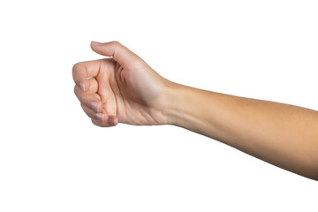 Woman hand holding grabbing or measuring something isolated on white background, with clipping path.  Five fingers. Full Depth of field. Focus stacking. PNG