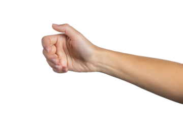 Woman hand holding grabbing or measuring something isolated on white background, with clipping path.  Five fingers. Full Depth of field. Focus stacking. PNG