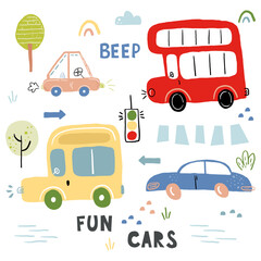 Cute childish print with hand drawn cute car. Cartoon cars, road sign,zebra crossing vector illustration. Perfect for kids fabric,textile,nursery wallpaper - 601966086