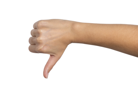 Woman hand shows thumbs down isolated on white background, with clipping path.  Five fingers. Full Depth of field. Focus stacking. PNG