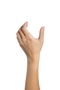 Woman hand holding grabbing or measuring something isolated on white background, with clipping path.  Five fingers. Full Depth of field. Focus stacking. PNG