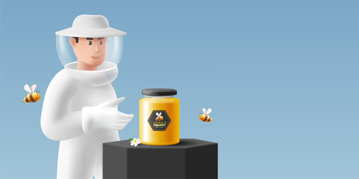 3d render illustration of beekeeper presenting a glass jar of honey surrunded by bees, promo illustration