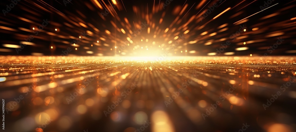 Poster abstract gold spark light glitter bokeh background. generative ai technology.