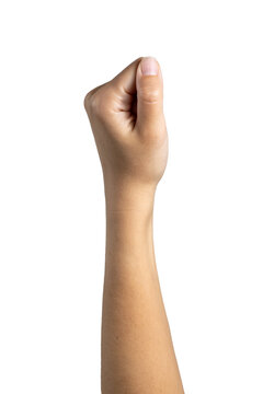 Woman hand shows wrong fist gesture isolated on white background, with clipping path.  Five fingers. Full Depth of field. Focus stacking. PNG