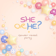 He or she. Cartoon gender reveal invitation template. Square banner with helium balloons and flowers. Vector illustration