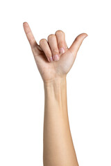Woman hand shows language Y hand sign isolated on white background, with clipping path. Full Depth of field. Focus stacking. PNG