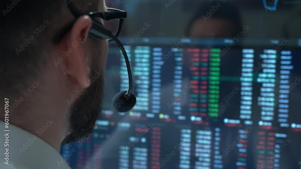 Poster trader is working with computer. screen with stock charts and data analysis. broker trading online. 