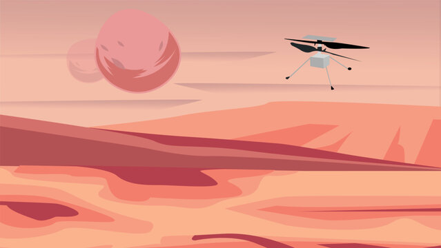 Helicopter Ingenuity Exploring Mars, Helicopter (drone) Flying Over Planet Mars Desert.