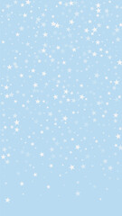 Snowfall overlay christmas background. Subtle flying snow flakes and stars on light blue winter backdrop. Festive snowfall overlay. Vertical vector illustration.