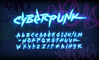 Retro type font in 90s - 2000s style Cyberpunk sign with neon light style lettering design set. Geek type font. Vintage Cyber Punk type font. Graffiti tags and Street art brick wall background - 601968079