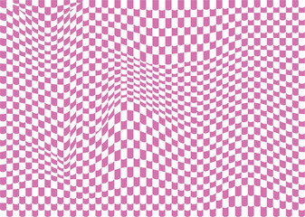 Trendy wavy geometry wireframe grid backgrounds in  Viva Magenta color. Vector illustration of checkered wallpaper with optical illusion. 3D abstract posters, cyberpunk elements in trendy psychedelic