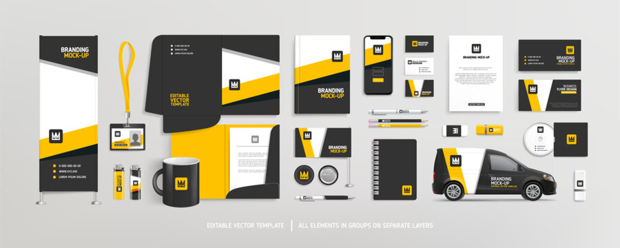 Brand Identity stationery Mock-Up set with black and yellow abstract dsgn. Concept of Branding stationery mockup template of vertical banner, flyer, promotional car, A4 brochure, etc. Editable vector