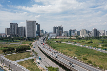 Fototapeta premium Aerial view of Hanoi cityscape at Pham Hung street, Cau Giay in 2021
