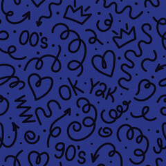 Trendy squiggles seamless pattern. Fun black blue line doodle with shapes crown, heart, numbers of 90s, 00s, y2k with curly confetti. Simple childish print. For textile, backdrop, packaging