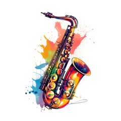Fototapeta na wymiar Abstract musical design with saxophone and colorful splashes, notes and waves on a white background. Colorful saxophone. watercolor style.Generative AI