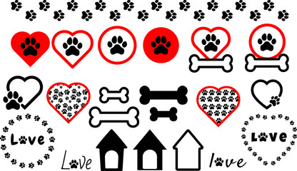 Dog, Puppy, Pet Paw Silhouette. Icons set. Tags. I love My Dog. Dog mom