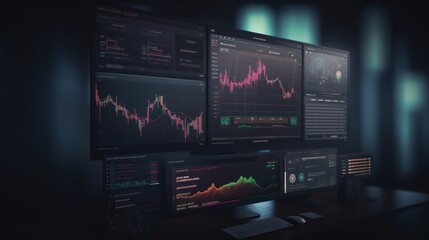 desktop with trading and investment screens, generative ai