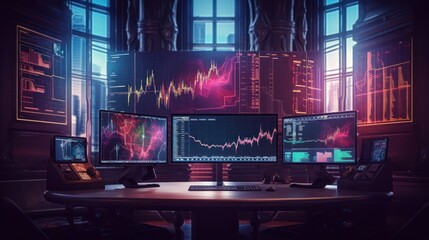 desktop with trading and investment screens, generative ai