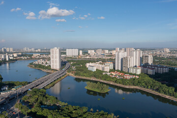 Fototapeta na wymiar Aerial view of Hanoi skyline cityscape at Belt No.3, Linh Dam lake