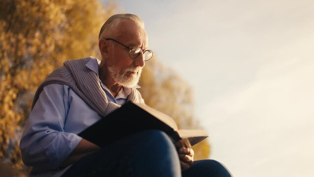 Elderly man reading book outdoors, enjoying hobby, peaceful retirement, rest