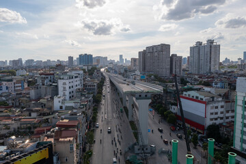 Aerial view of Hanoi skyline cityscape at Minh Khai street during under construction time in 2021